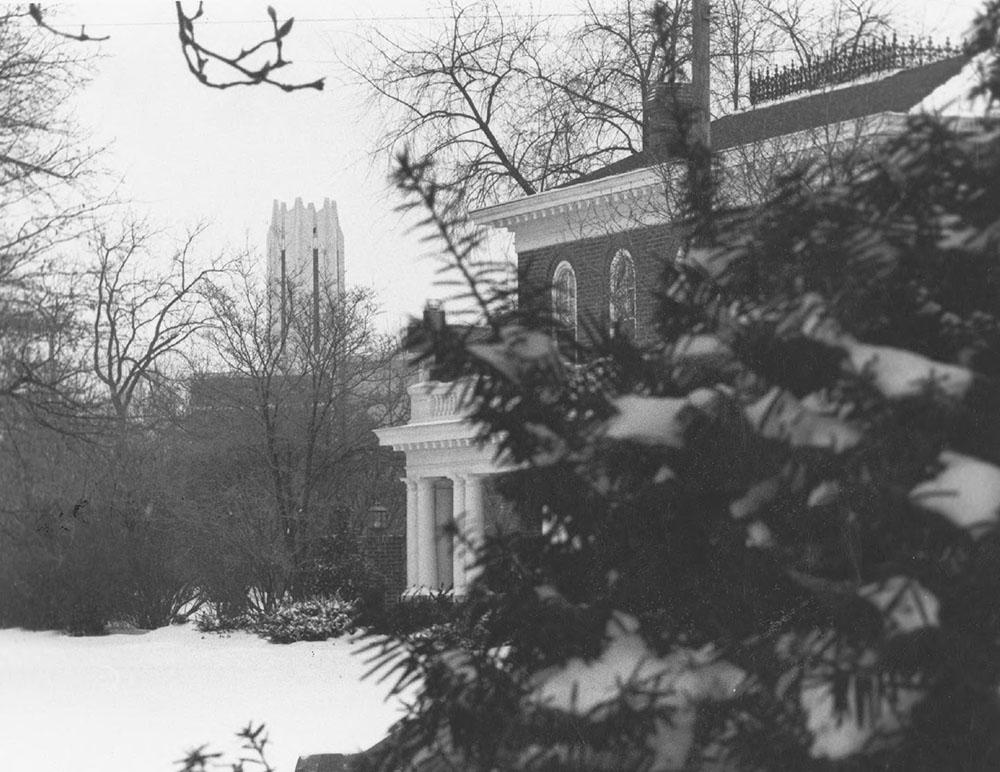 A glimpse of the Memorial Bell Tower from the Gaunt House lawn.